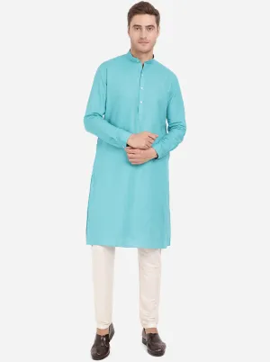 Turquoise Blue Self Textured Regular Fit Modi Kurta | JadeBlue