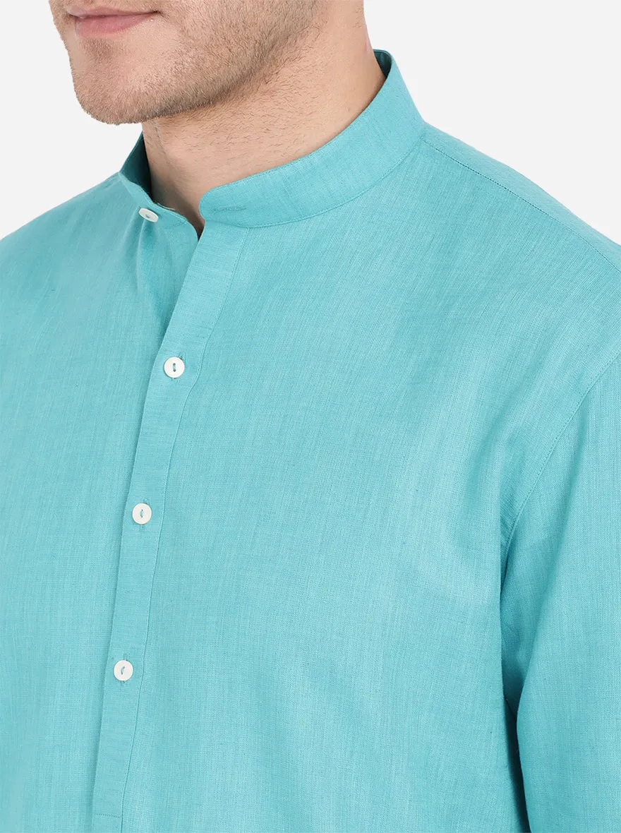 Turquoise Blue Self Textured Regular Fit Modi Kurta | JadeBlue