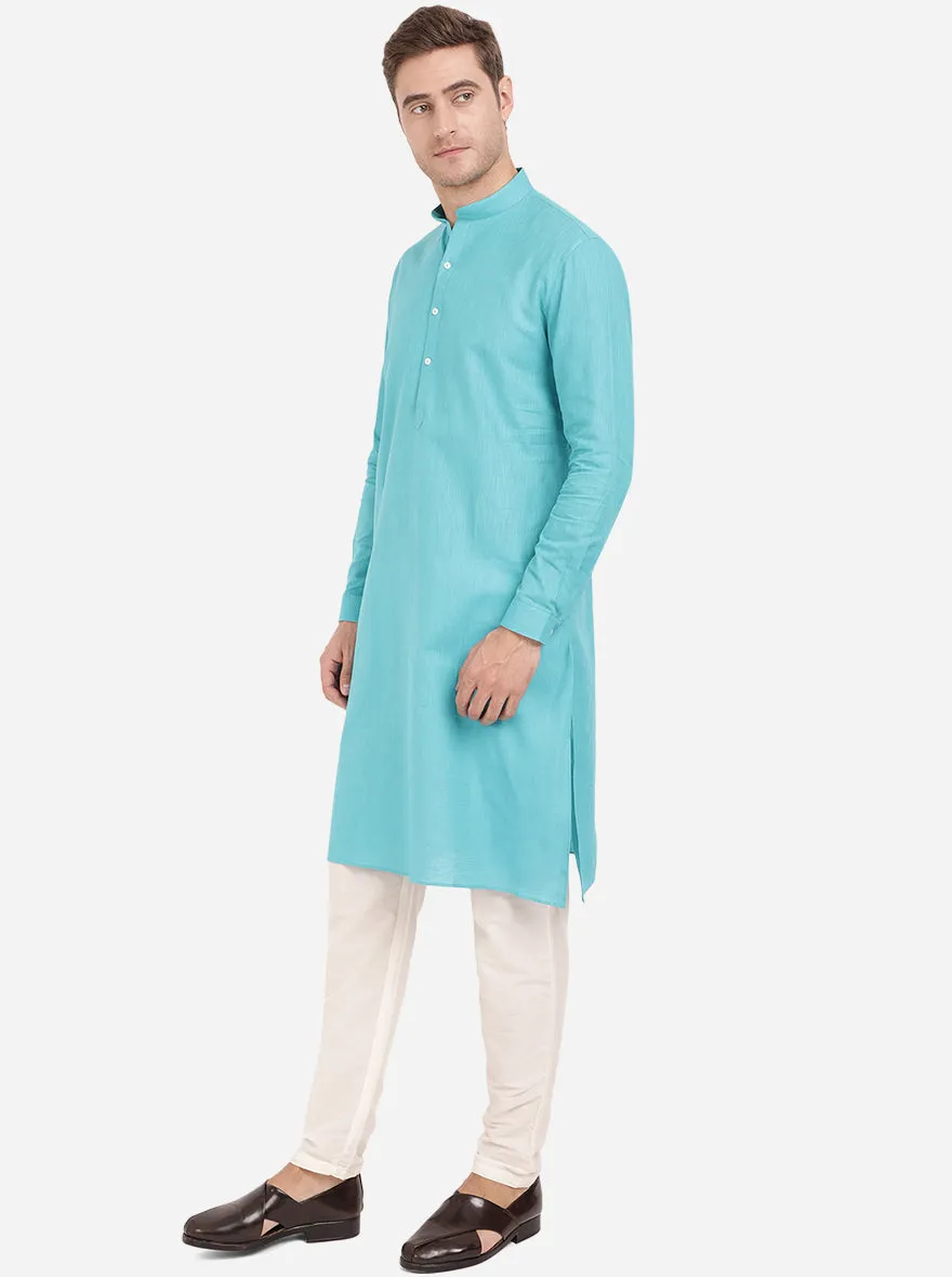 Turquoise Blue Self Textured Regular Fit Modi Kurta | JadeBlue