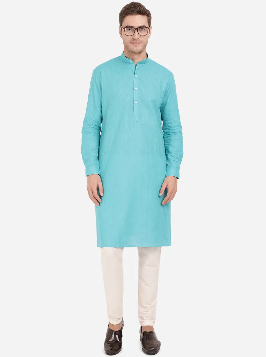 Turquoise Blue Self Textured Regular Fit Modi Kurta | JadeBlue