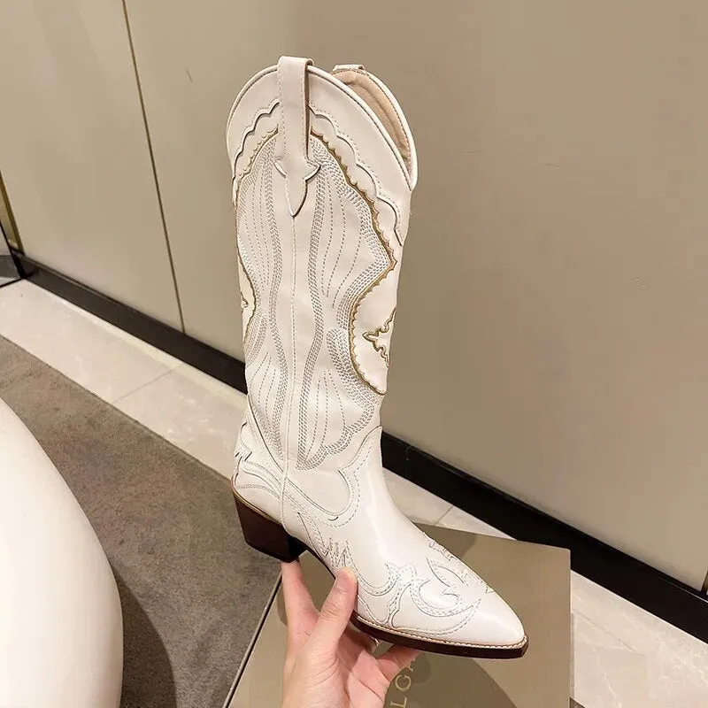 White Ethnic Style Pointed Toe Knight Boots for Women