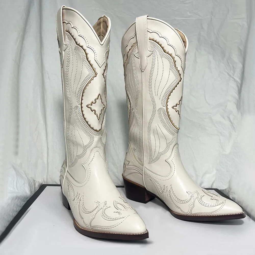 White Ethnic Style Pointed Toe Knight Boots for Women
