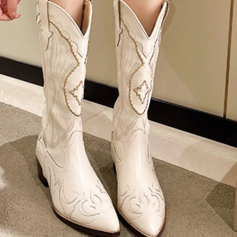 White Ethnic Style Pointed Toe Knight Boots for Women