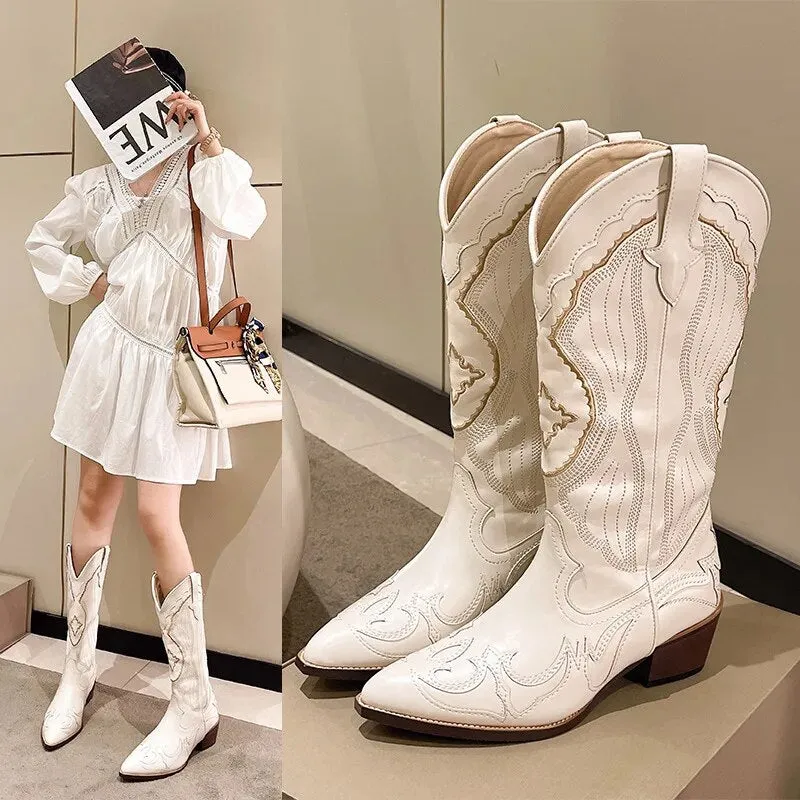 White Ethnic Style Pointed Toe Knight Boots for Women