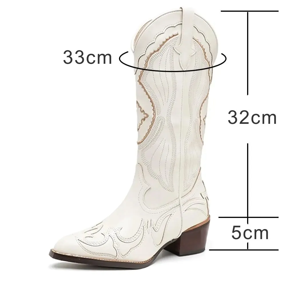 White Ethnic Style Pointed Toe Knight Boots for Women