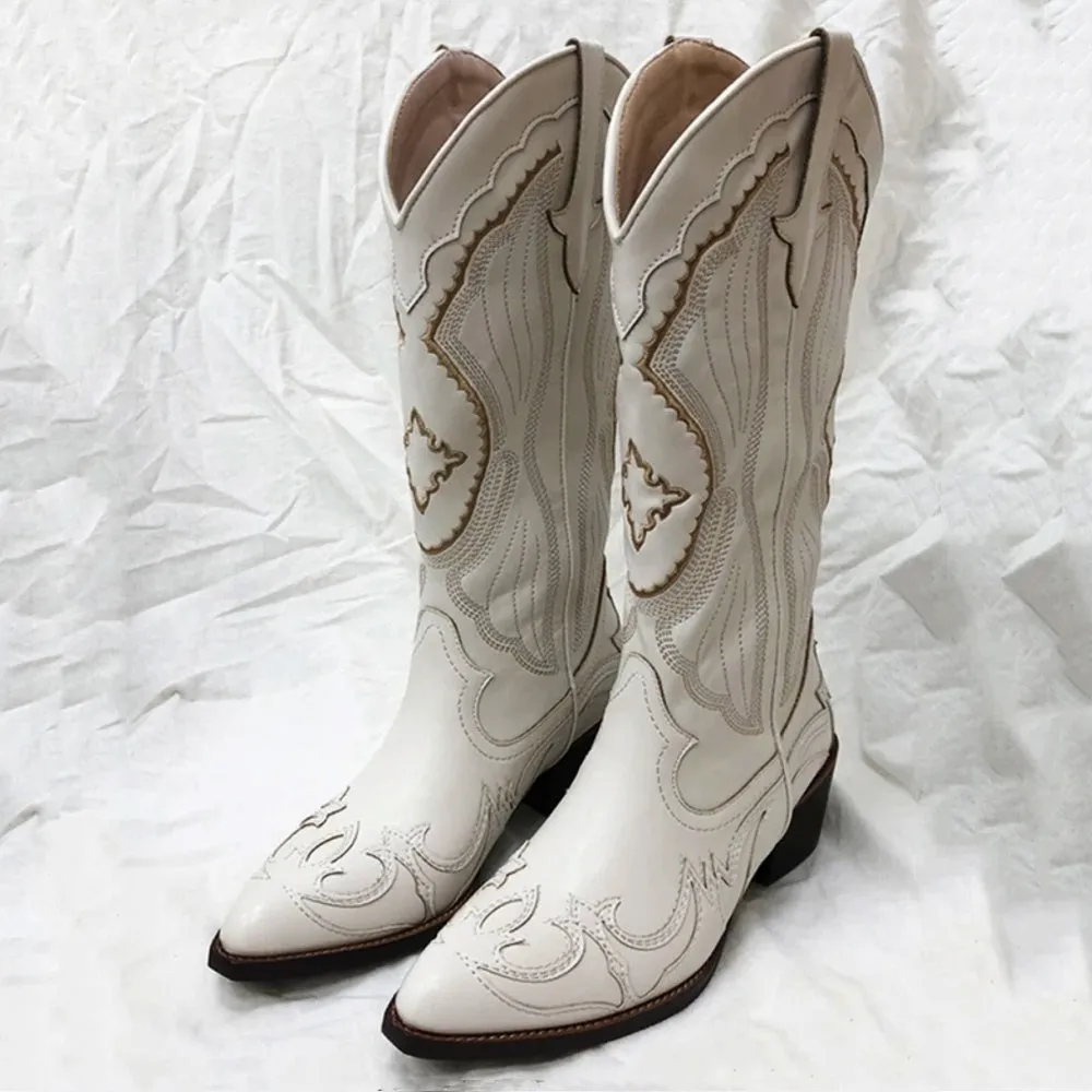 White Ethnic Style Pointed Toe Knight Boots for Women