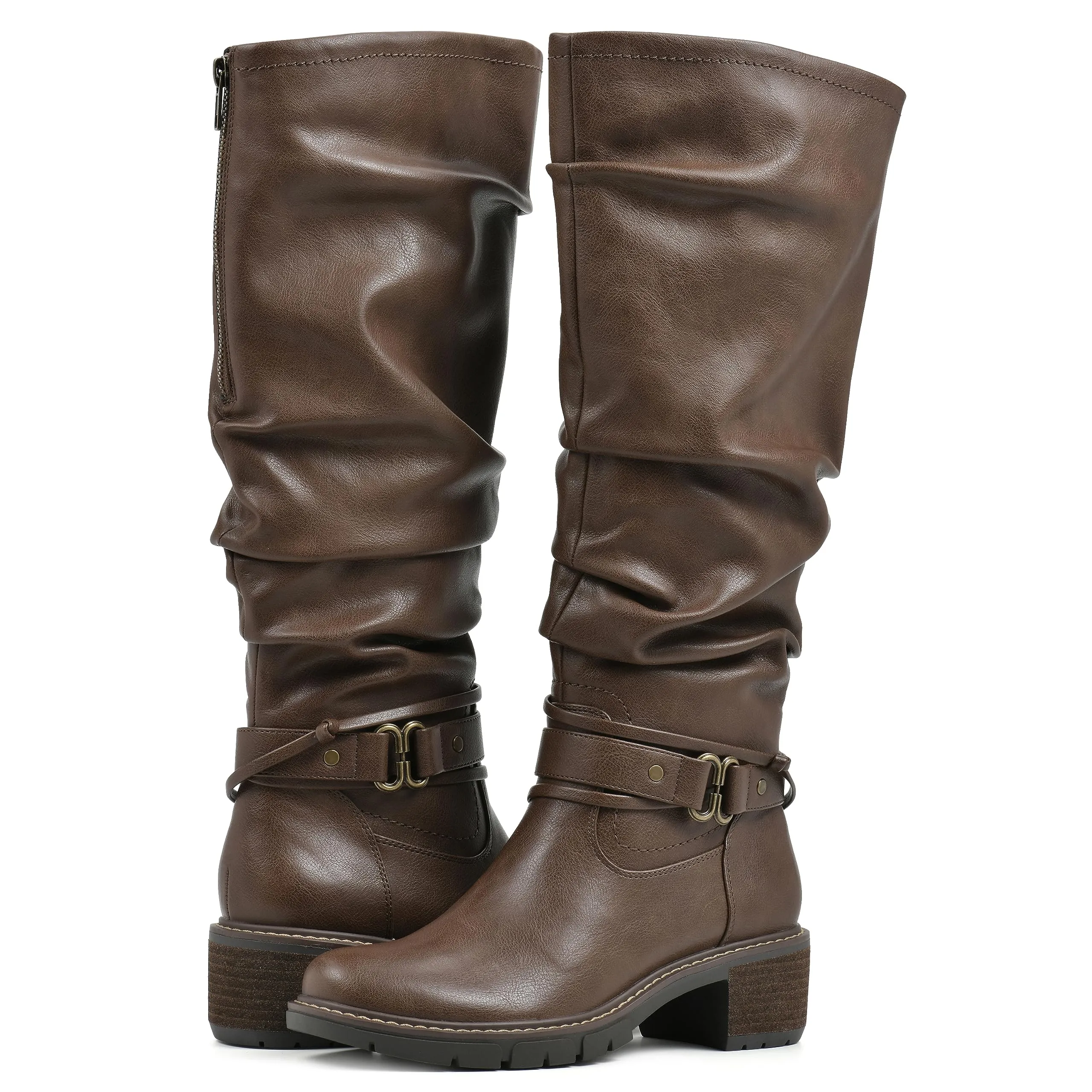 WHITE MOUNTAIN Women's Shoes Crammers Stack-Heeled Tall Boot, Chestnut/Smooth, 8 W