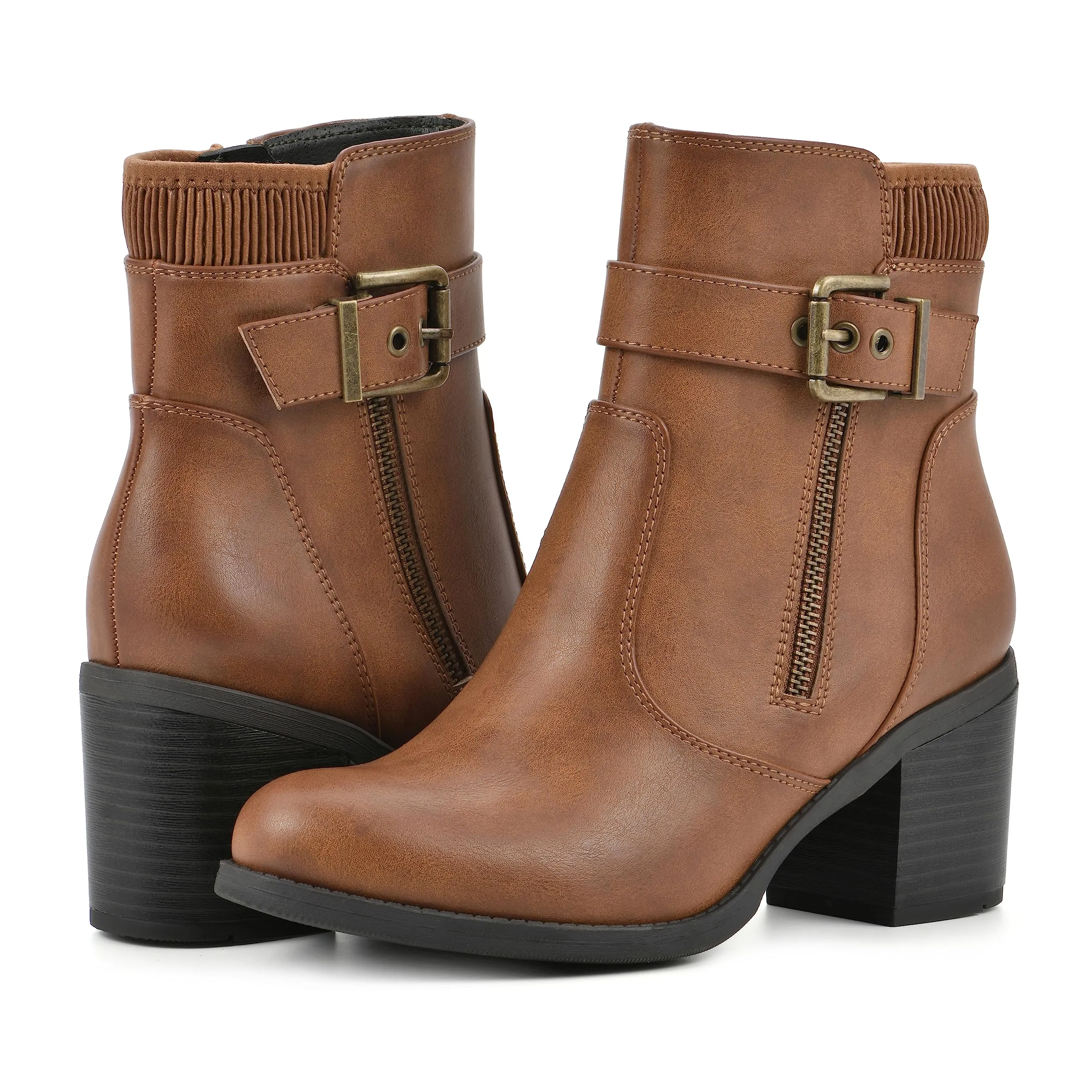 WHITE MOUNTAIN Women's Shoes Dessert Block Heel Bootie, Dk.Tan/Smooth, 9 M
