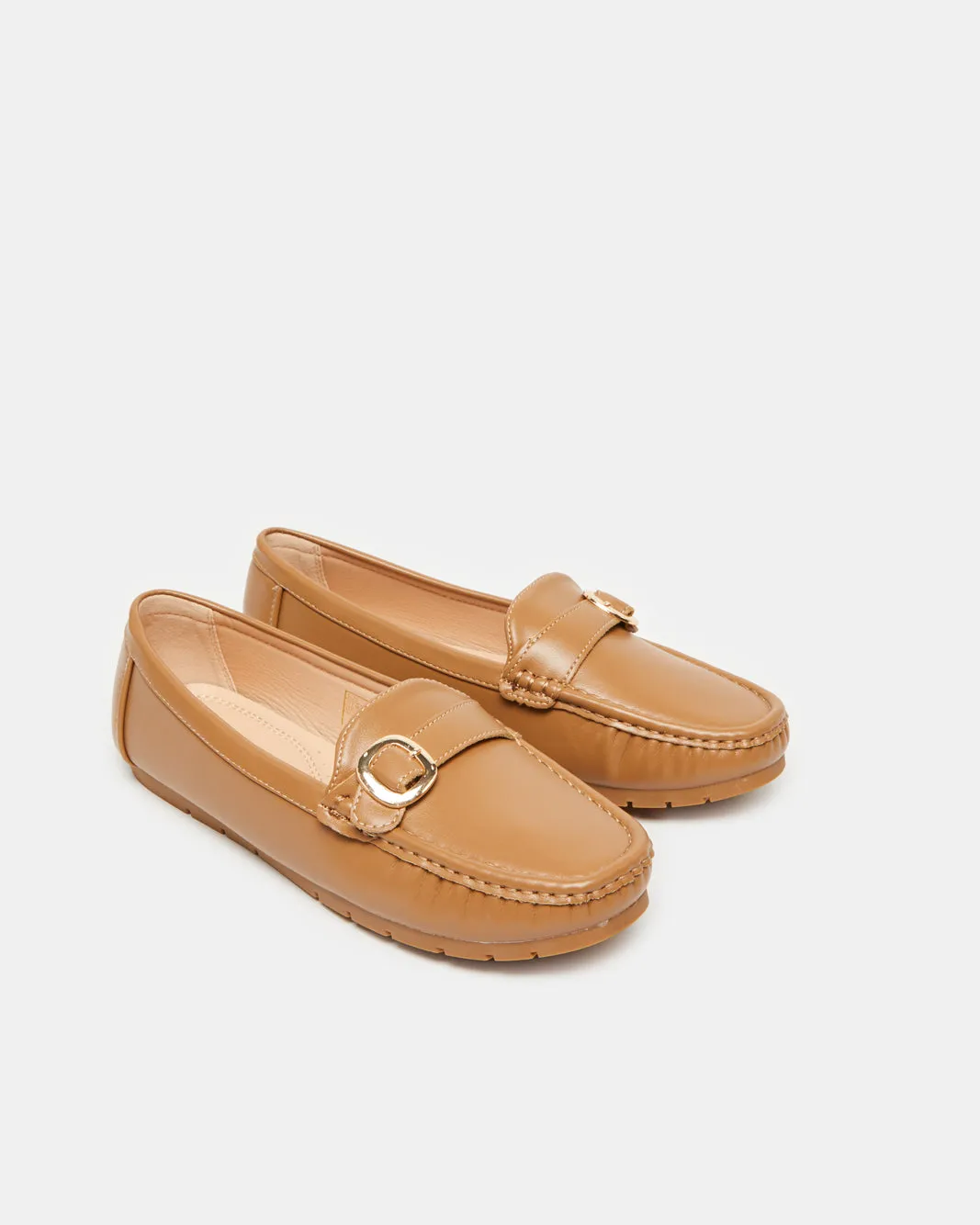Women Beige Moccasin With Buckle Trim