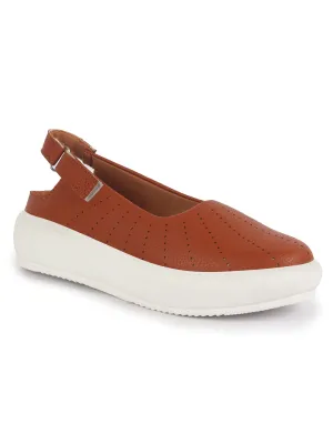 Women Tan Breathable Lazer Cut Design With Backstrap Height Enhancer Hook And Loop Slip On Shoes | Slingback Casual Platform Sandals| Cusioned Insole