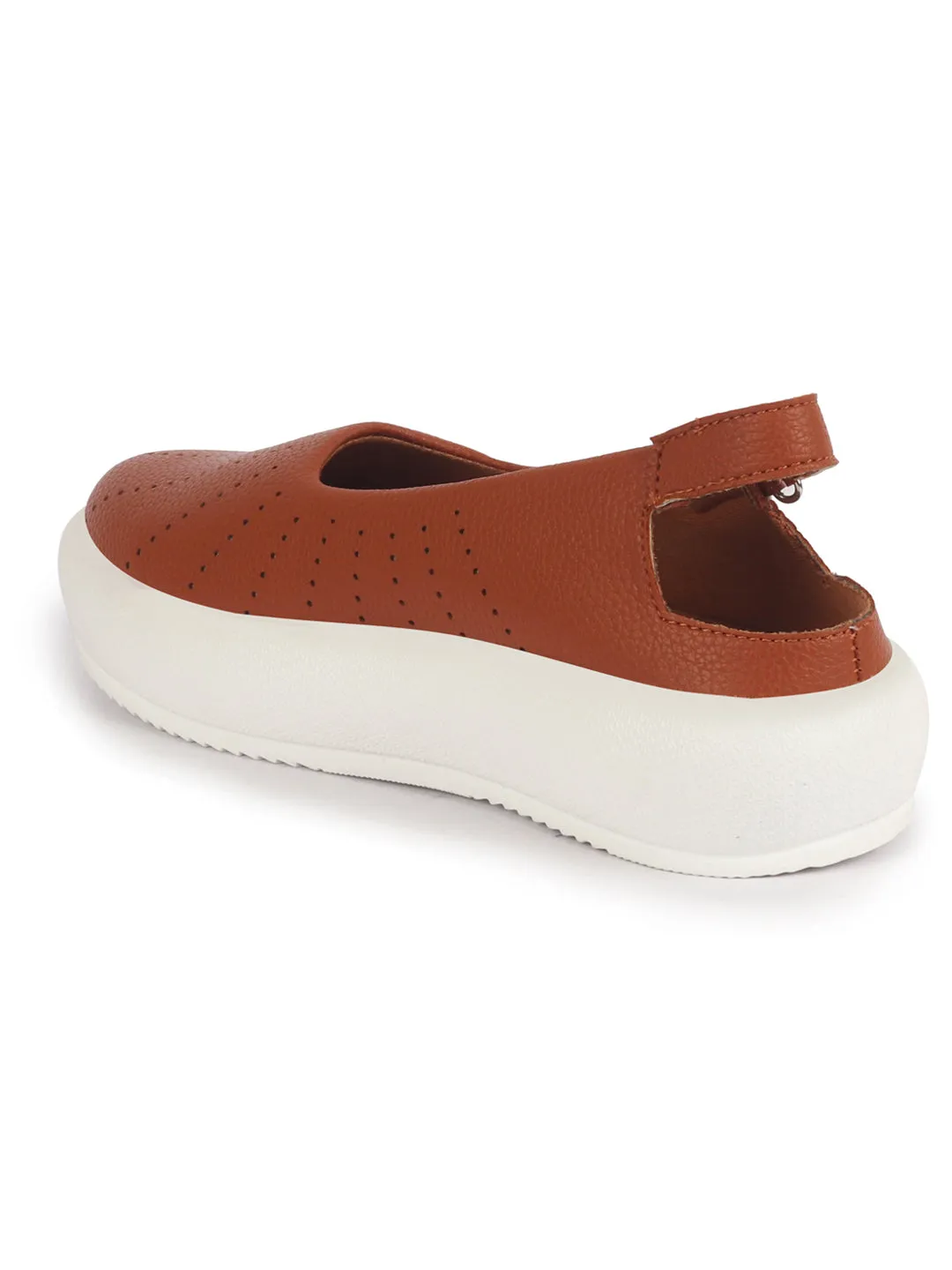 Women Tan Breathable Lazer Cut Design With Backstrap Height Enhancer Hook And Loop Slip On Shoes | Slingback Casual Platform Sandals| Cusioned Insole