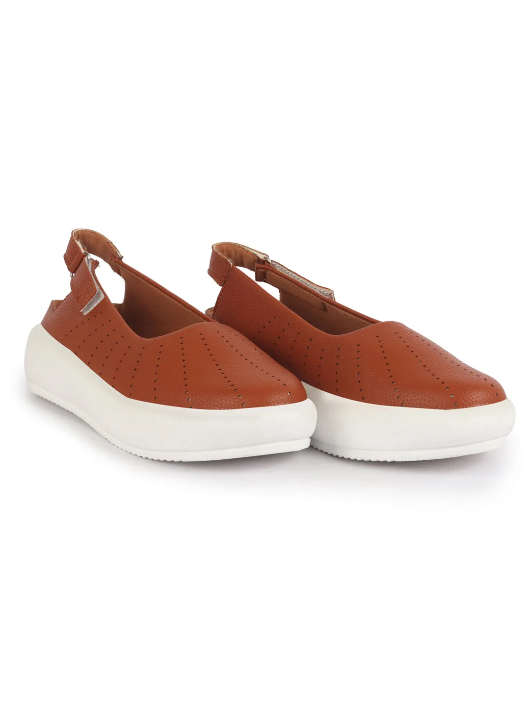 Women Tan Breathable Lazer Cut Design With Backstrap Height Enhancer Hook And Loop Slip On Shoes | Slingback Casual Platform Sandals| Cusioned Insole