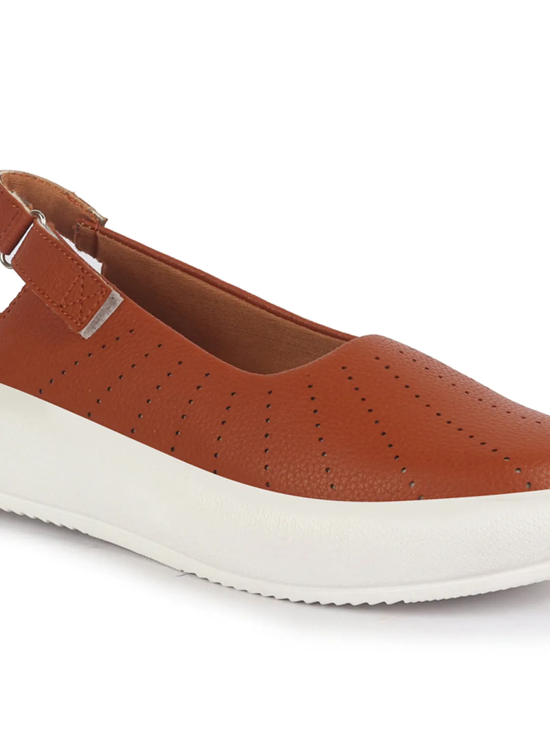 Women Tan Breathable Lazer Cut Design With Backstrap Height Enhancer Hook And Loop Slip On Shoes | Slingback Casual Platform Sandals| Cusioned Insole